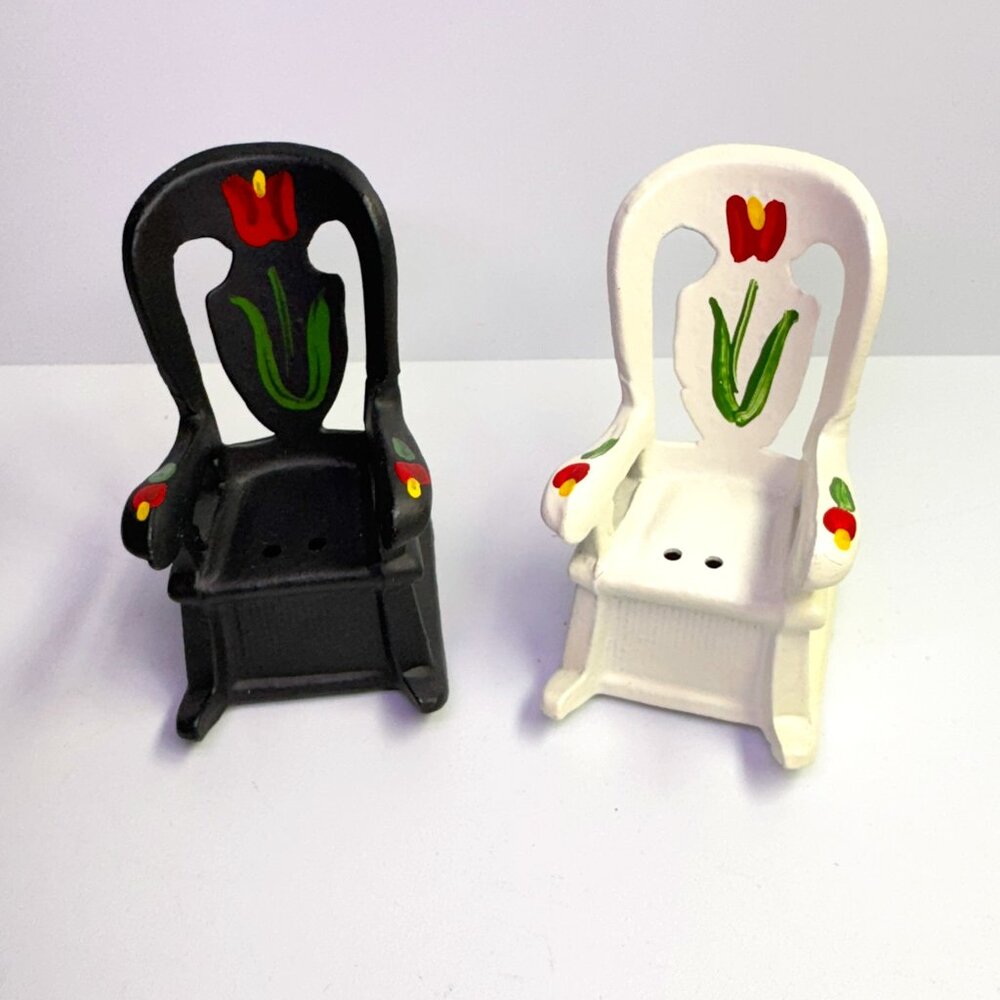 Vintage Metal Rocking Chairs Salt and Pepper Shakers Tulip Floral Design